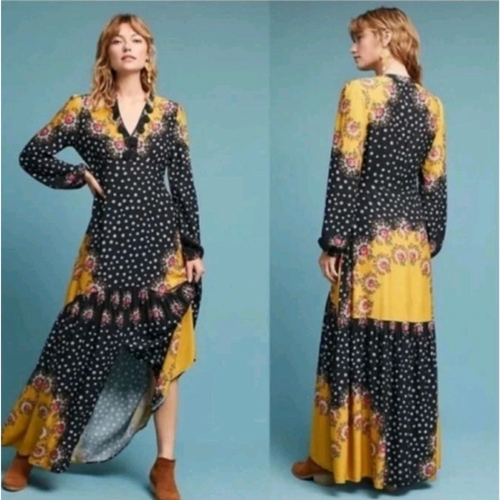 Farm Rio Floral-blockwd Maxi dress Woman's Xs Black Yellow Anthropologie Spring